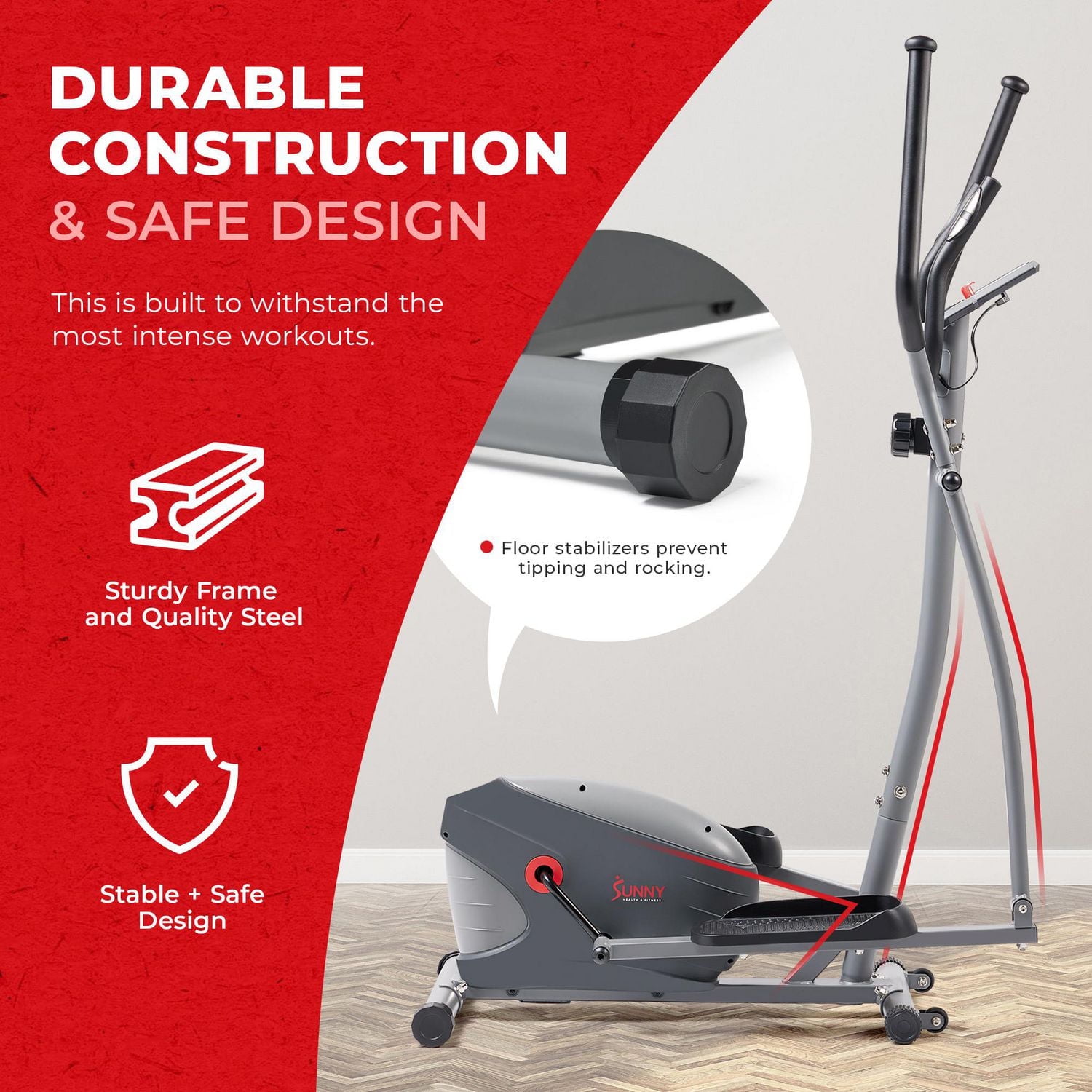 Sunny Health & Fitness machine elliptique compacte performante avec résistance réglable sur 8 niveaux, capteur de pouls et connectivité Bluetooth améliorée via l'application exclusive SunnyFit