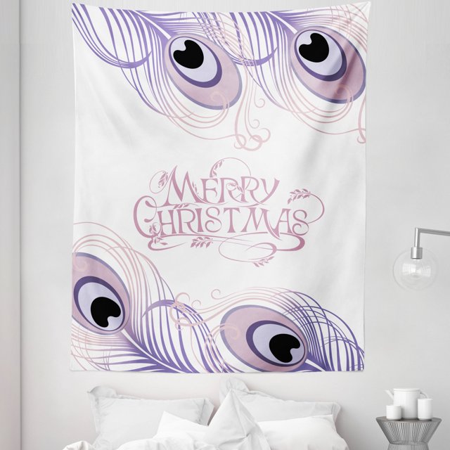 Peacock Christmas Tapestry, Cursive Merry Xmas Lettering and Feathers Pastel Colored, Fabric Wall Hanging Decor for Bedroom Living Room Dorm, 5 Sizes, Grey Pink and Pale Lavender, by Ambesonne