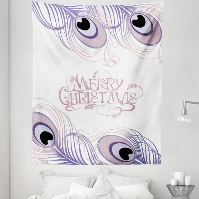 Peacock Christmas Tapestry, Cursive Merry Xmas Lettering and Feathers Pastel Colored, Fabric Wall Hanging Decor for Bedroom Living Room Dorm, 5 Sizes, Grey Pink and Pale Lavender, by Ambesonne
