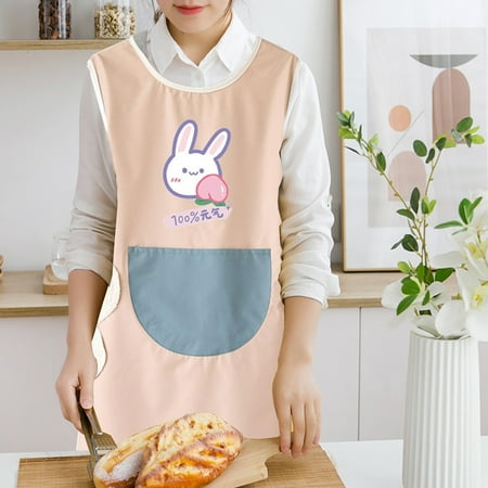 

Ludlz Kitchen Apron Cute Cartoon Print Loose Round Neck Contrast Color Patchwork Oil-proof Waterproof Rabbit Print Dinner Apron for Home