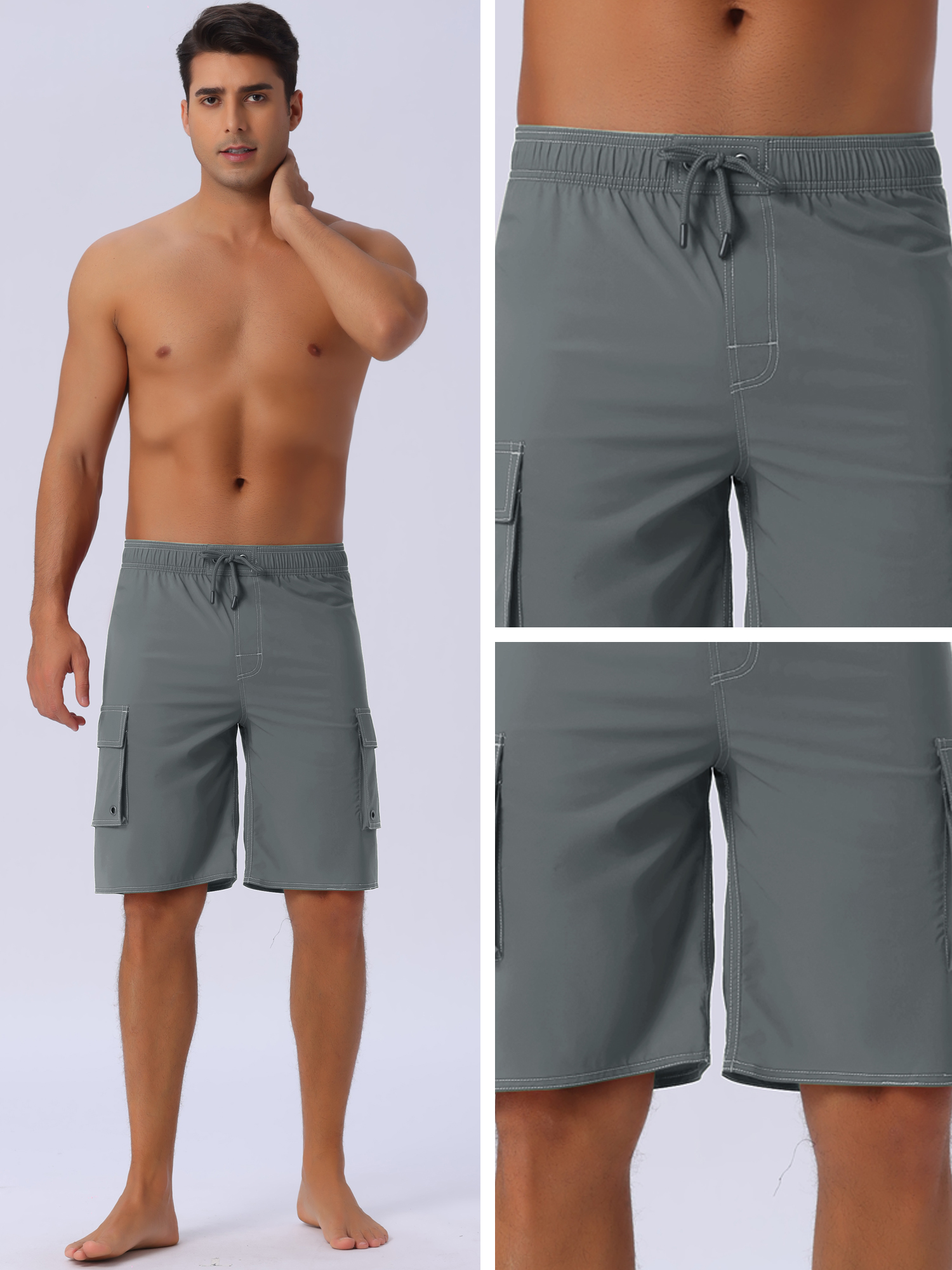 DARING DIVA Men's Solid Color Side Pockets Lining Summer Board Shorts 28 Gray
