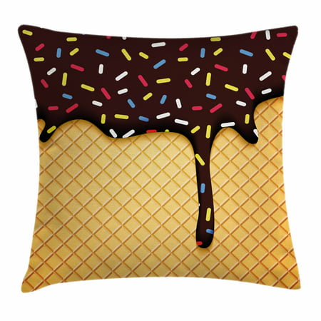 Ice Cream Decor Throw Pillow Cushion Cover, Waffle Chocolate Flavor Dessert Delicious Backdrop Stylish Graphic, Decorative Square Accent Pillow Case, 18 X 18 Inches, Dark Brown Mustard, by