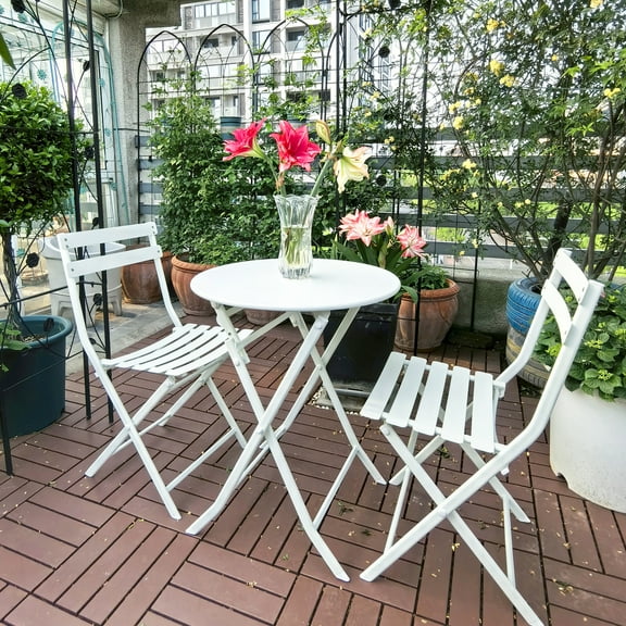 Homy Casa 3-Piece Folding Patio Bistro Set, Outdoor Table and Chairs for Balcony Corner, White