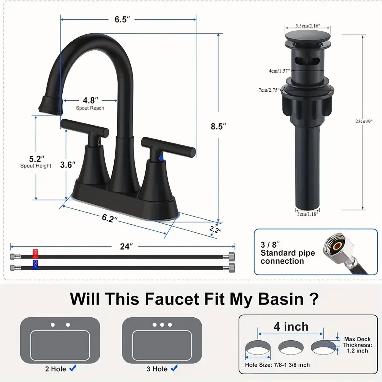 Matte Black Bathroom Sink Faucet 3Holes 4in Centerset Vanity Mixer with Drain