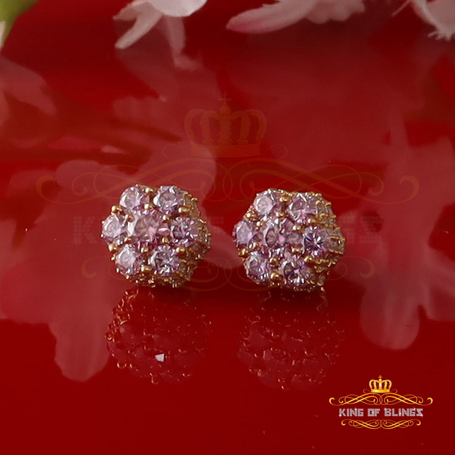 King of Bling's Men/Women's 925 Silver Yellow 2.50ct VVS D Pink Moissanite Floral Stud Earrings
