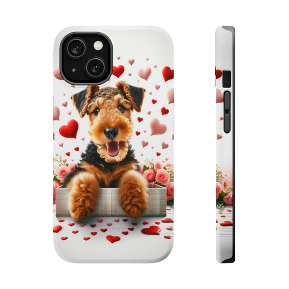 DistinctInk Tough Case for Apple iPhone 13 (6.1" Screen), Compatible with MagSafe Charging - Valentine's Day Airedale Terrier Puppy