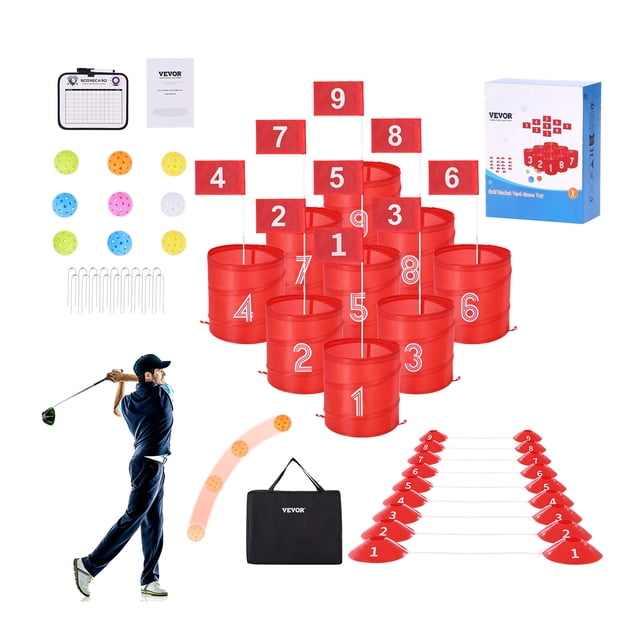 vevor juego de golf para patio campo de golf de 9 hoyos juego de práctica de golf con baldes juego de golf para familias juego de golf portátil para exteriores para cesped, patio, campamento muestra 9 cubos rojos numerados en formación, 9 banderas en mástiles de fibra de vidrio, 9 tee boxes dobles, 9 pelotas TPE φ70 mm, 18 estacas y bolsa de transporte Oxford 600D; vista compuesta frontal que muestra accesorios y caja. Adecuado como actividad recreativa portátil para campamentos y reuniones al aire libre.