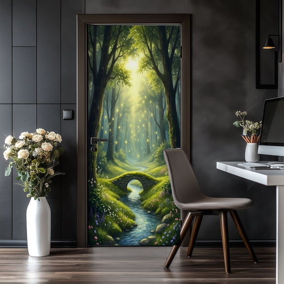 Door Stickers Peel and Stick Door Mural Magical Forest Glowing Fireflies Bridge Mystical Removable Wallpaper 30.3''x78.7'' Self-Adhesive Mural for Kitchen Living Room Bedroom Decor