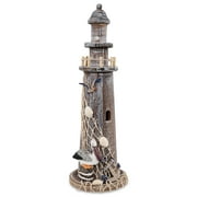 CoTa Global Brown Wooden Lighthouse Decor - Handcrafted Nautical Lighthouse Table Top Centerpiece with Pelican , Fishing Net, Seashells and Anchor Decor, Lighthouse Outdoor Decor - 13.5 Inches