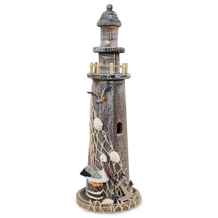 CoTa Global Brown Wooden Lighthouse Decor - Handcrafted Nautical Lighthouse Table Top Centerpiece with Pelican , Fishing Net, Seashells and Anchor Decor, Lighthouse Outdoor Decor - 13.5 Inches
