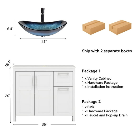 PULUOMIS 36 Inches Bathroom Vanity in White Finish with Glass Boat-Shaped Vessel Sink, Single Bathroom Vanity with Top, 2-Door Cabinet and 2 Drawers