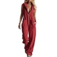 thumbnail image 2 of Women's Hooded Jumpsuit, Long Sleeve Front Zipper Romper with Pockets, Wide Leg Casual One Piece Outfit, Retro Sporty Streetwear and Loungewear​-Red, 2 of 6