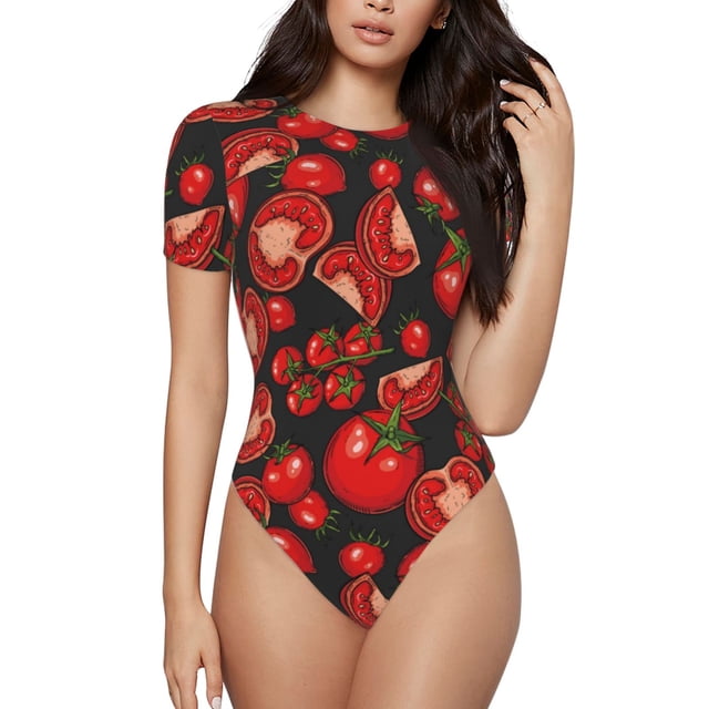 Fotbe Tomato Body de Mujer con Cuello Redondo y Mangas Cortas, Sin Mangas Ajustado, Suave, Cómodo y Básico-Large