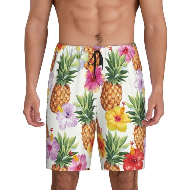 Balery Hawaiian Pineappl Pantalones cortos de pijama de punto de algodón para hombre con cinturilla y bolsillos-Small