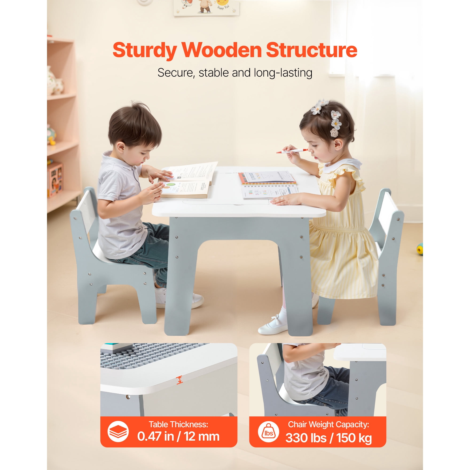 KFFKFF 4-in-1 Kids Activity Table and Chair Set, Double-Sided Tabletop for Drawing and Building Blocks, Play Table with Storage for Children Aged 3+, Spacious Design, Ideal Gift for Boys and Girls