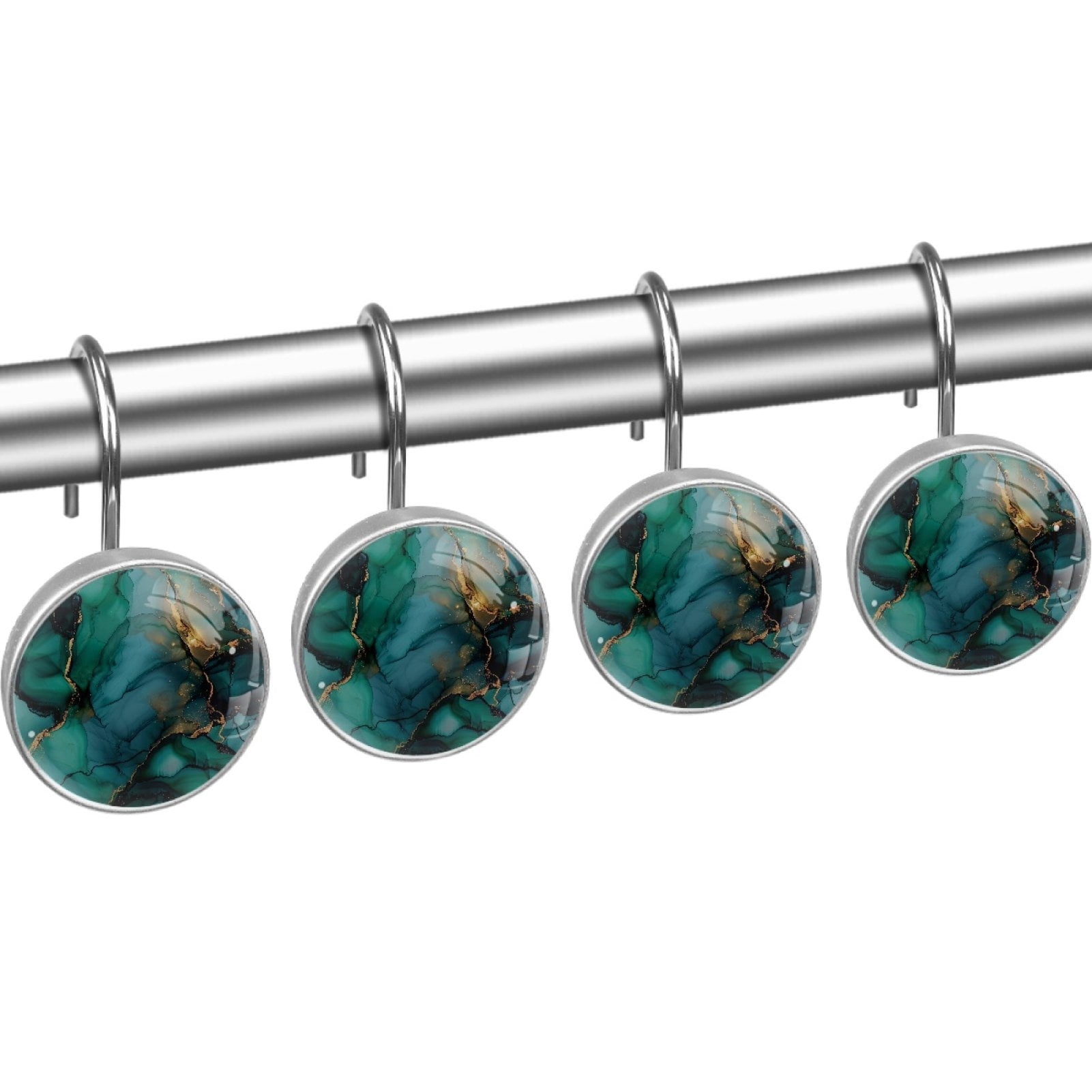 HemaKayy 12 Pcs Decorative Marble Shower Curtain Hooks - Rust-Proof Stainless Steel Rings for Bathroom Decor - Easy to Install, Glide Smoothly, Enhance Your Shower Experience! - Dark Green Gold