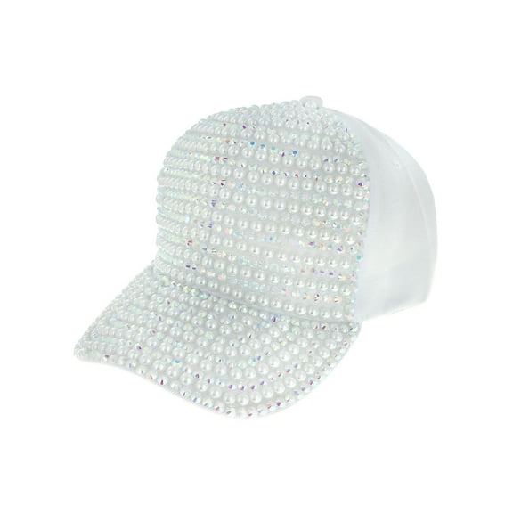 Top Headwear Pearl Rhinestone Bling Baseball Cap - White