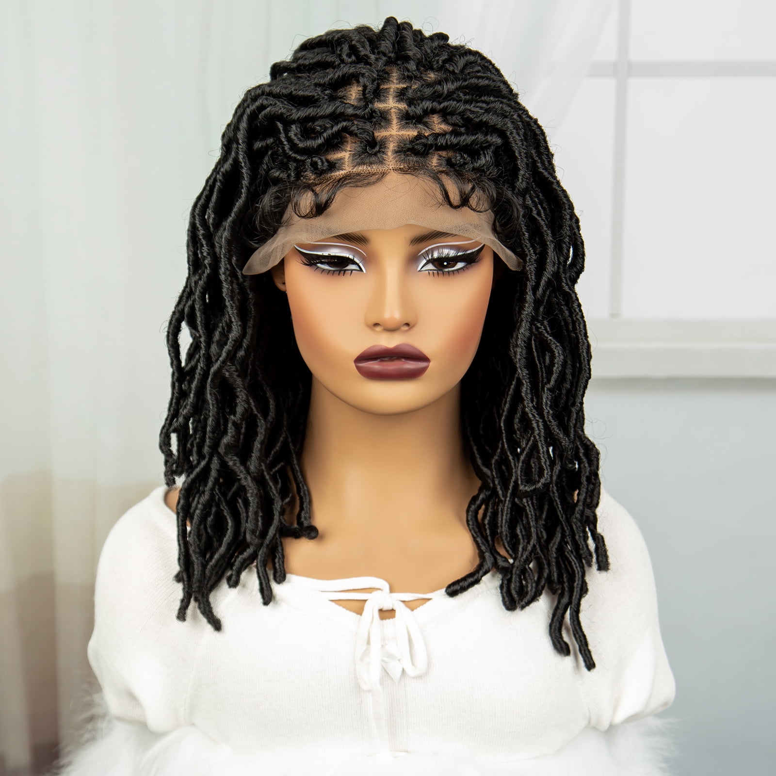 Locs Braided Wigs Synthetic Square Knotless Box Braids Wigs for Women 14 Inches Lace Frontal Lightweight Bob Dread lock Wig with Baby Hair (1B Color)