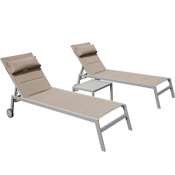 JERFIT 3-Piece Outdoor Chaise Lounge Set with Side Table, Adjustable Reclining Pool Patio Chairs on Wheels, All-Weather Aluminum Frame & Textilene Fabric, for Backyard, Beach, Deck (Khaki)
