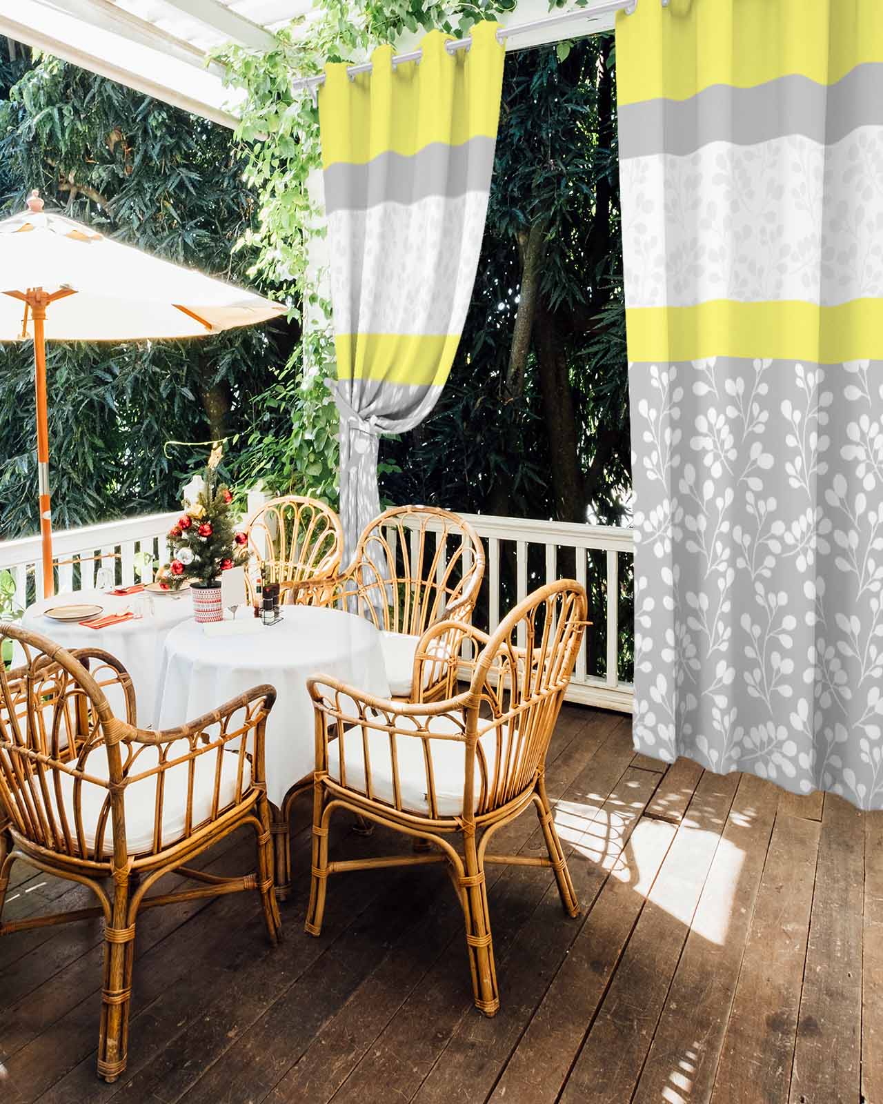 Yellow Grey Outdoor Curtains for Patio, Chic Garden Floral Stripe Embroidery Design Privacy Drapes Grommet Waterproof Outside Curtains for Porch/Cabana/Balcony 54"x 108", 1 Panel