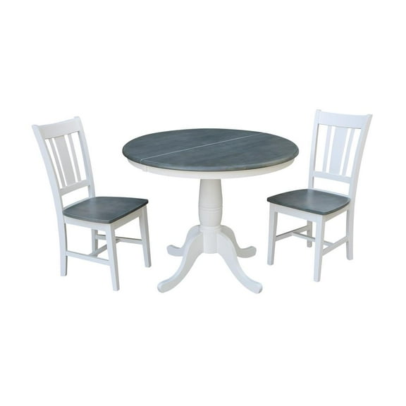 36" Round Solid Wood Extension Dining Table With 2 San Remo Chairs in White/Heather Gray by International Concepts