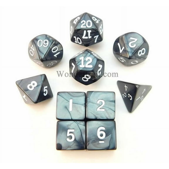 Charcoal Pearlized Dice with White Numbers 16mm (5/8in) Set of 10 Koplow Games