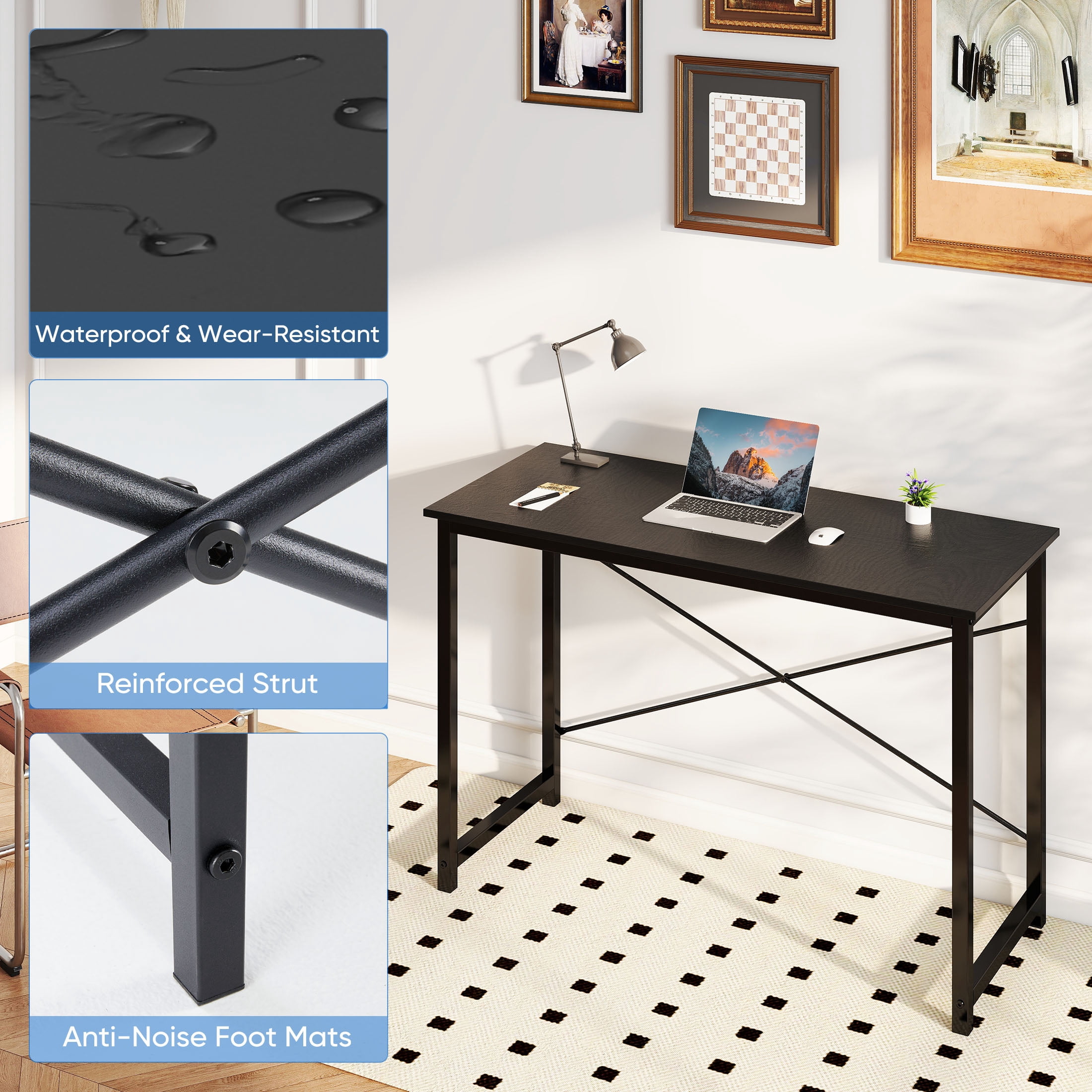 EDX Computer Desk 47 Inch Writing Desk with Storage Bag Iron Hook Metal Frame for Home, Black