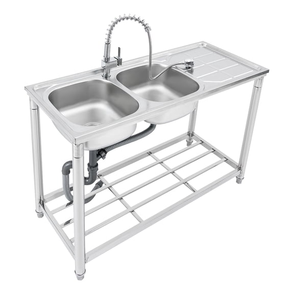 2 Bowls Stainless Steel Sink Kitchen Utility Sink Prep Work Table with Pull-out Faucet & Bottom Shelf