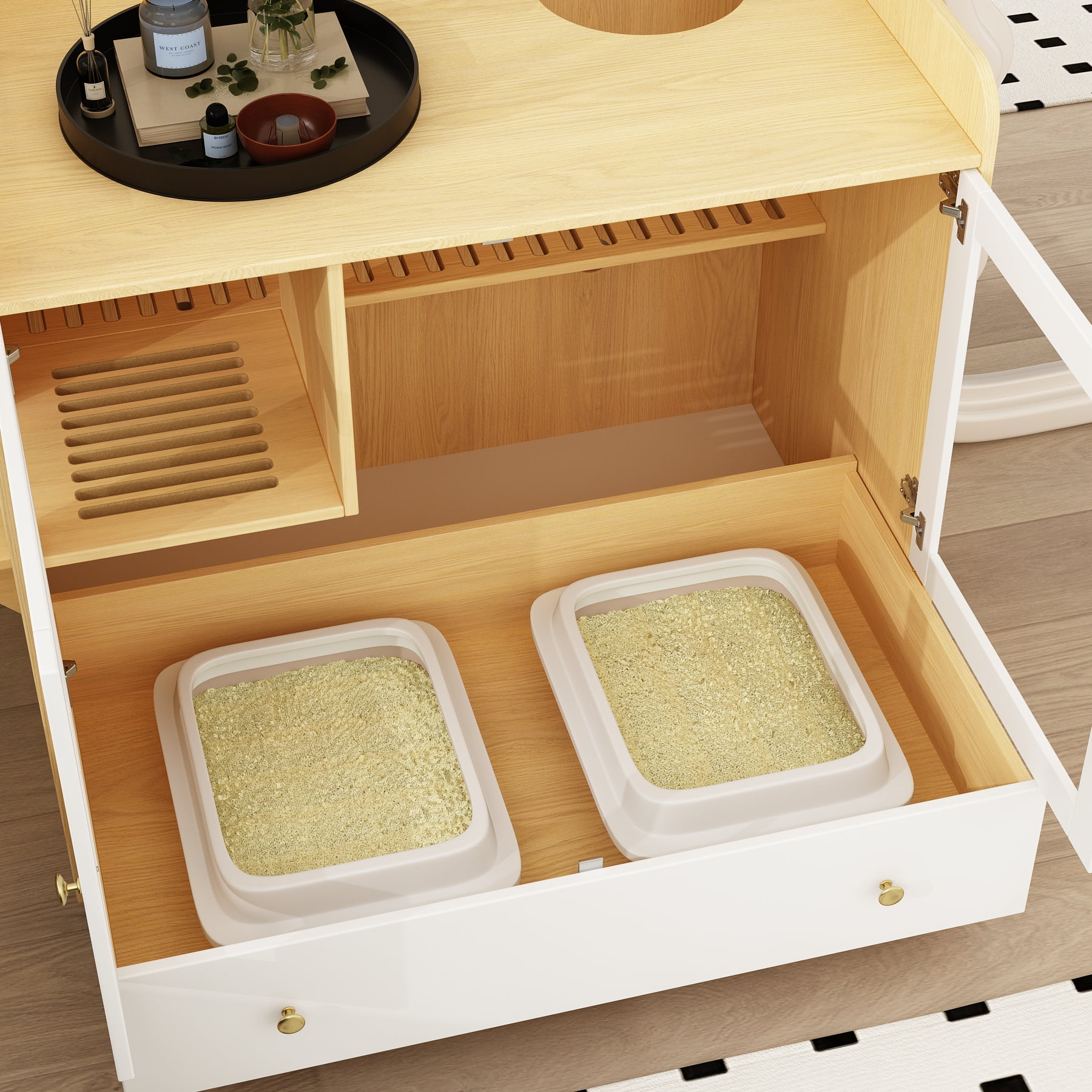 NARTRU Large Cat Litter Box Enclosure Furniture with Drawer and Runway Litter Filter for Litter Boxes,Oak