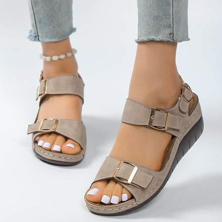 

XIAQUJ Ladies Fashion Summer Vintage Solid Leather Open Toe Buckle Thick Sole Sandals Sandals for Women Grey 6.5(37)