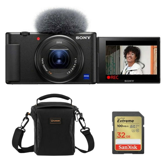 Sony ZV-1 Compact 4K HD Digital Camera, Black Bundle with Shoulder Bag, 32GB SD Card