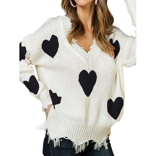 Himone Women Red Christmas Sweater Long Sleeve V Neck Knit Top Casual Heart Print Pullover Sweaters Xmas Valentine S Day Gifts Walmart Com Walmart Com