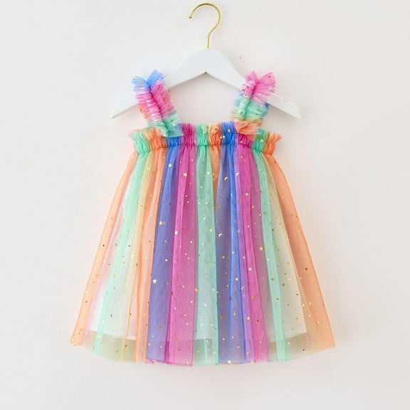 CUZIBR Little Big Girls Sleeveless Tutu Sequin Dress A-Line Spaghetti Strap Sparkly Ruffle Tiered Elastic Square Collar Carnival Party Rainbow Dresses Holiday Sundress,Hot Pink,2-3 Years