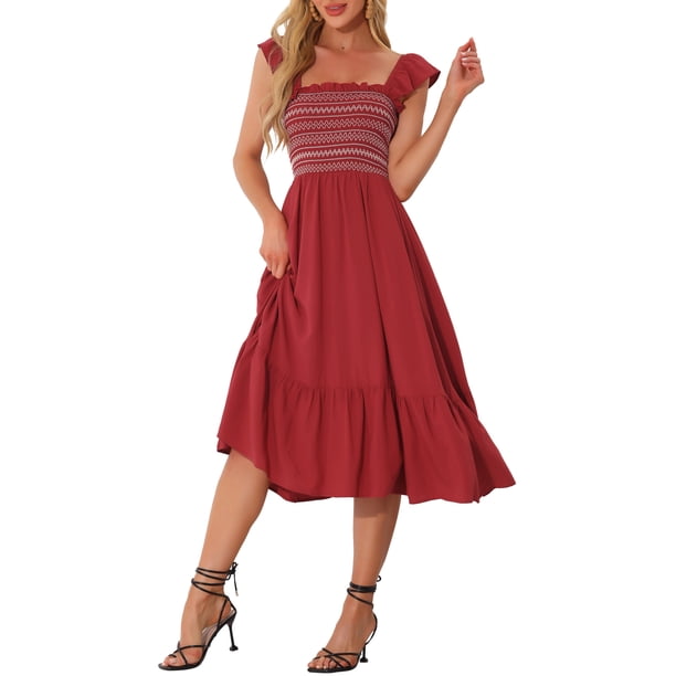 Vestido midi bohemio de tirantes con volantes y escote cuadrado para mujer INSPIRE CHIC en burdeos, talla S
