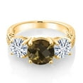 thumbnail image 2 of Gem Stone King 18K Yellow Gold Plated Silver Brown Smoky Quartz and White Moissanite Engagement Ring for Women | 3.40 Cttw | Round Checkerboard 8MM | Gemstone Birthstone | Size 5, 2 of 5