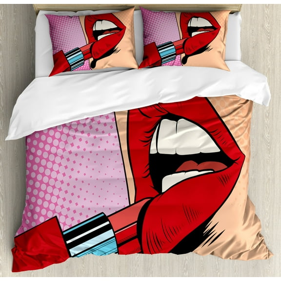 Lips Duvet Cover Set Queen Size, Retro Comic Pop Art Girl Applying Red Lipstick Makeup Concept Halftone Background, 3 Piece Bedding Set with 2 Pillow Shams, Multicolor, by Ambesonne