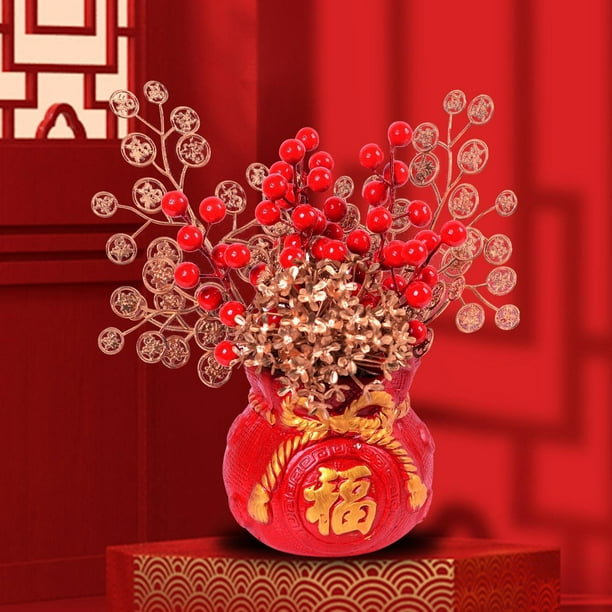 Red Chinese New Year Decoration Gift Ceramic Vase Ornament Lucky Tree  Bonsai for 