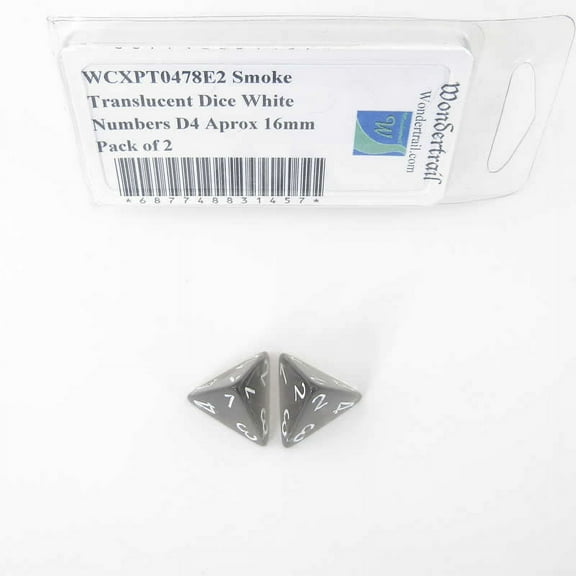 Smoke Translucent Dice with White Numbers D4 Aprox 16mm (5/8in) Pack of 2 Wondertrail