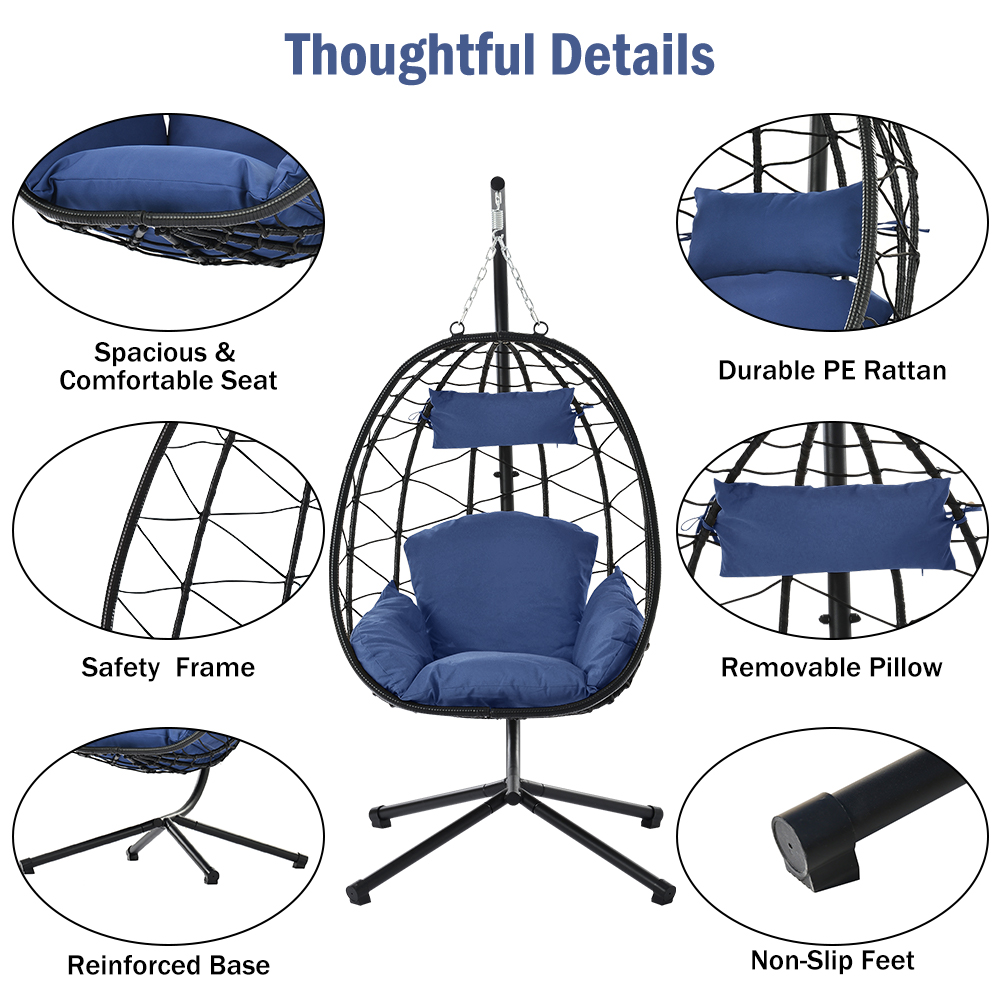 Hanging Wicker Egg Chair with Stand and Dark Blue Cushion, Heavy Duty Steel Frame Resin Wicker Hanging Chair, Outdoor Indoor UV Resistant Furniture Swing Chair with Headrest Pillow, 264lbs - image 4 of 13
