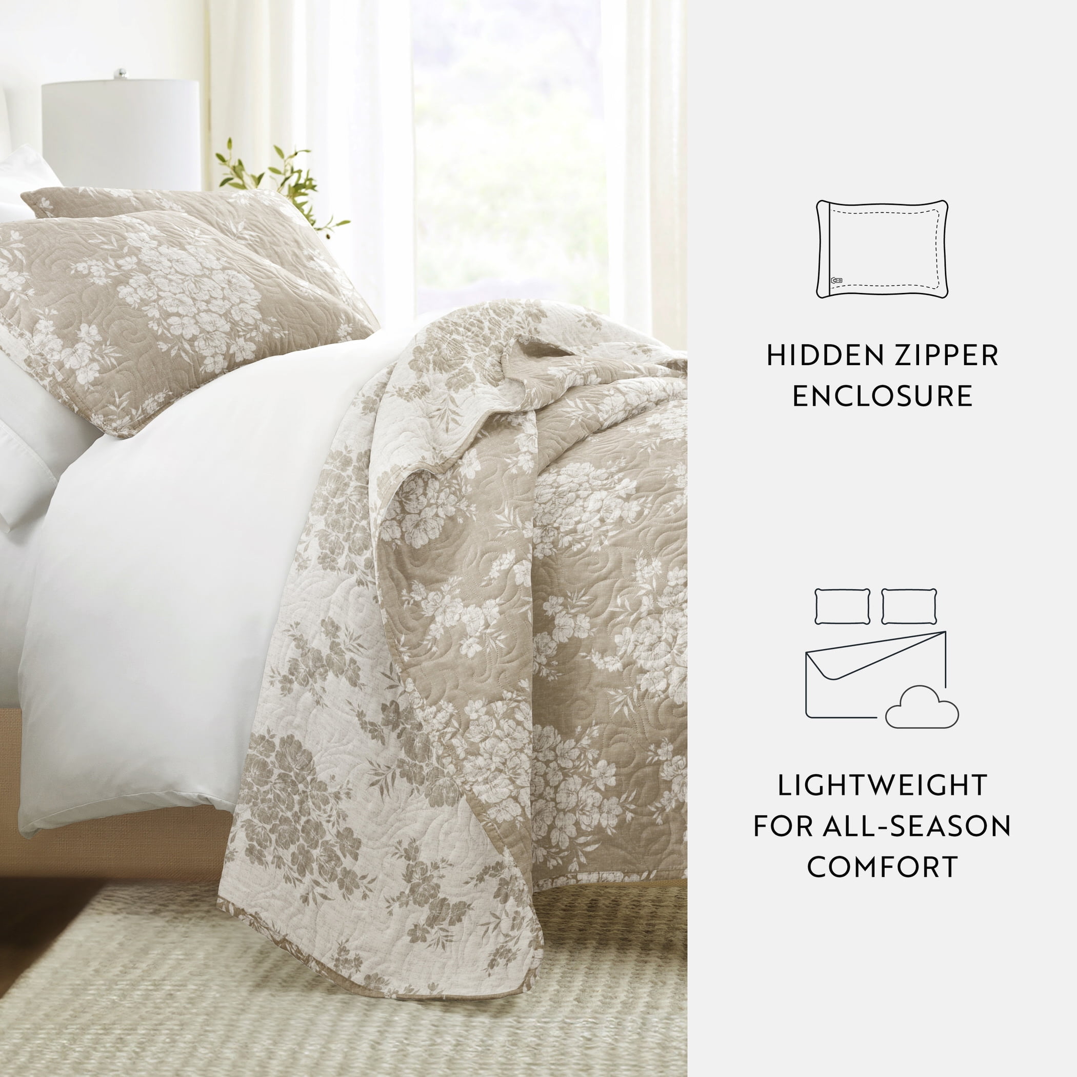 Noble Linens 3-Piece Taupe Distressed Bouquet Reversible Quilt Set, Queen