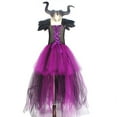 thumbnail image 4 of Girls Witch Costume Handmade Knitted Tulle Dress Evil Queen Dress up Costume for Halloween Carnival Cosplay 3-12 Years Dark Purple with Goat Horn Hairpin(Dark Purple )M, 4 of 5