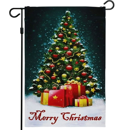 G128 - Christmas Garden Flag, Christmas and Winter Themed Decorations - Christmas Tree with Merry Christmas Quote, Rustic Holiday Seasonal Outdoor Flag 12" x 18"
