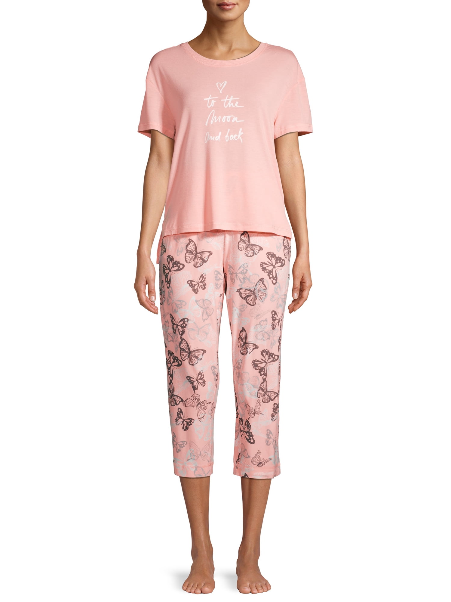 Ladies Jersey Pyjamas Vest T-Shirt Shorts Cuffed Pants Summer TieWaist Blue Pink