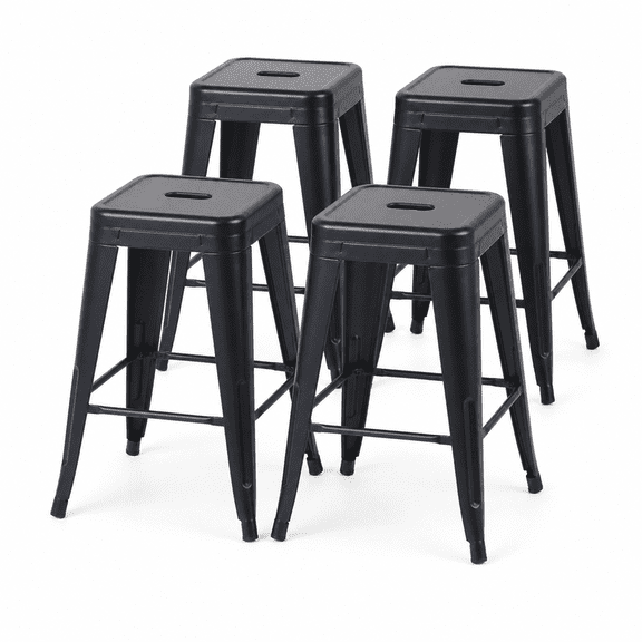 24 Inch Backless Metal Counter Stool Set of 4, Matte Black, Stackable with Carry Hole and Footrest