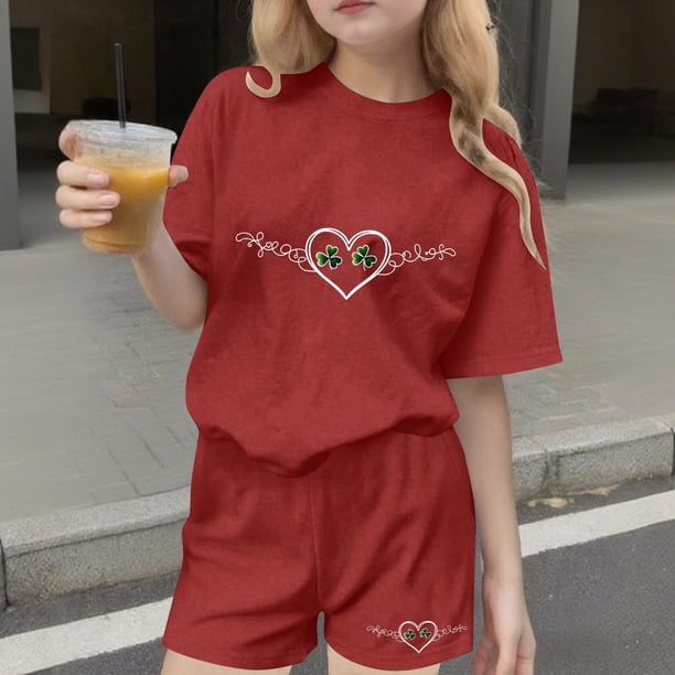 Conjuntos de blusas y camisas de cuello redondo y manga corta para niños Conjunto de dos piezas de blusas de cuello redondo y manga corta con estampado del Día de San Patricio para niños Niños poliést