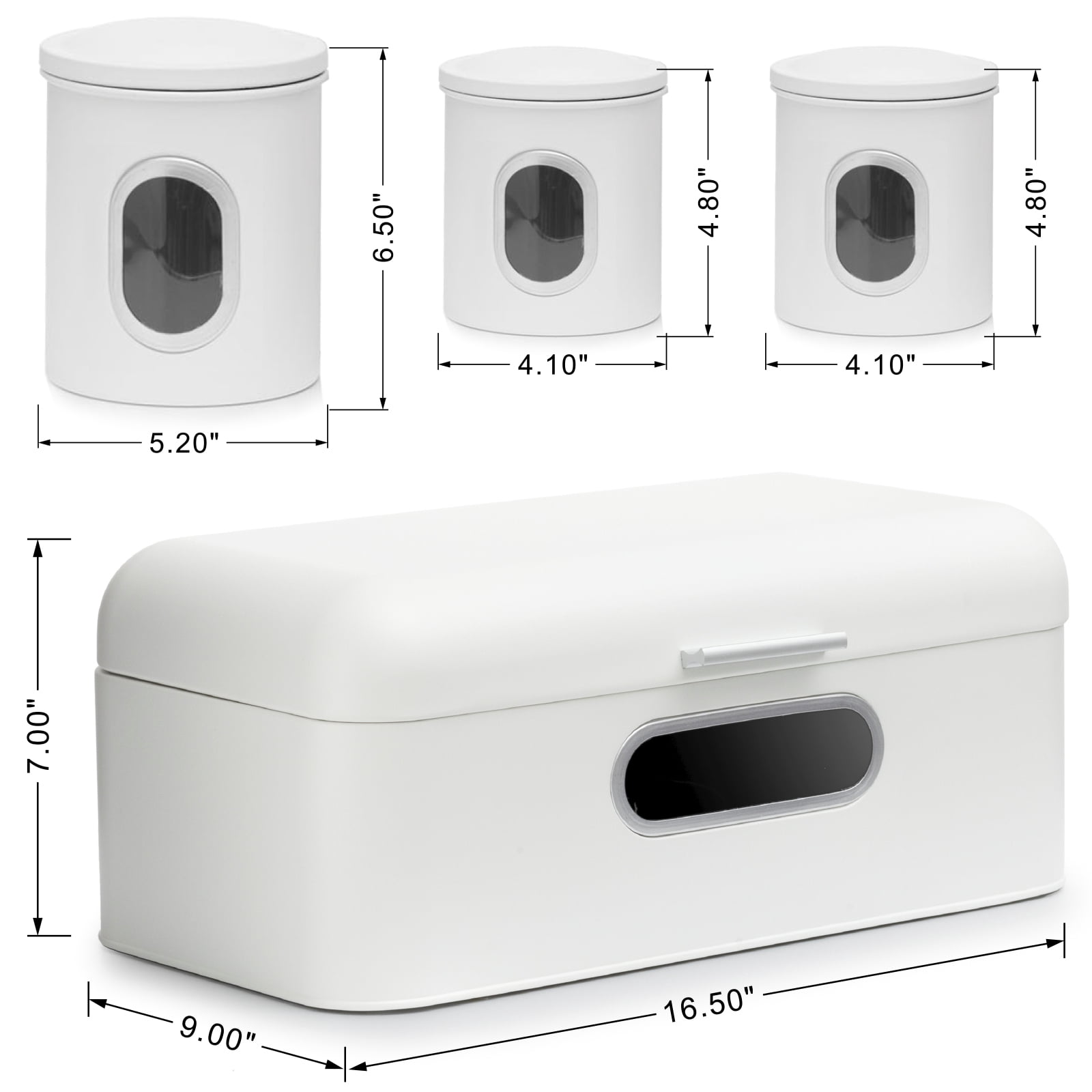 Deppon Stainless Steel Bread Box and 3-Piece Airtight Canister Set, Large Capacity with Clear Window for Kitchen Counter, White