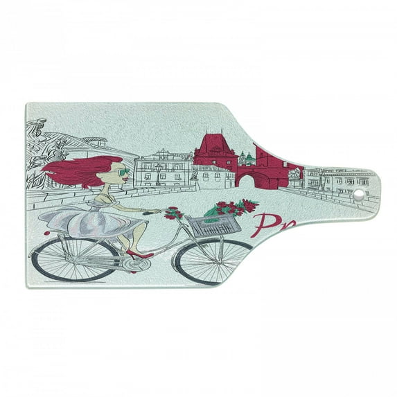 Prague Cutting Board, Romantic Style Composition with Girl on a Bicycle Hand Drawn Arrangement, Decorative Tempered Glass Cutting and Serving Board, in 3 Sizes, by Ambesonne