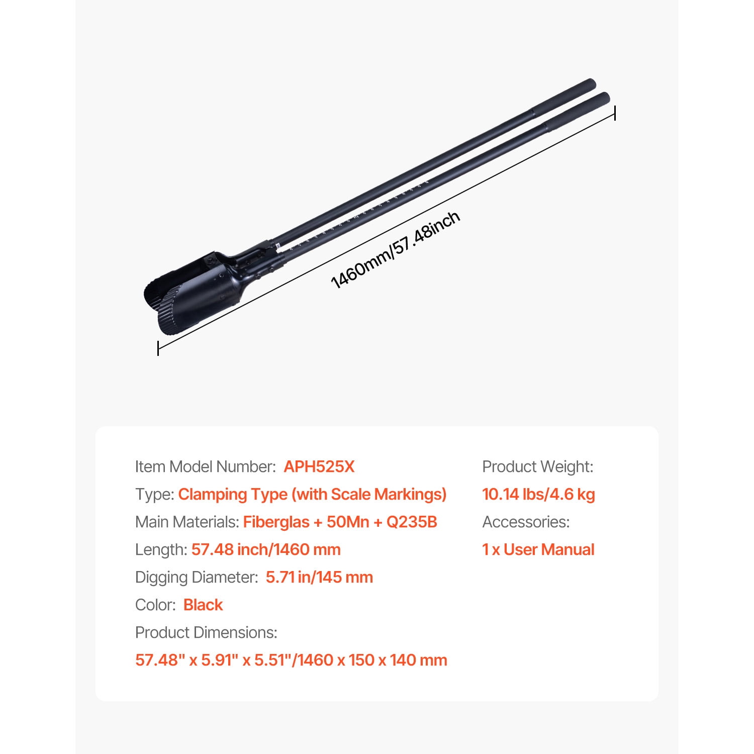 KFFKFF Ground Borer, Robust Ground Borer with Fiberglass Grip, Handheld Excavator with Measurement Indicators and Metallic Edge, Ground Borer Instrument for Horticulture and Outdoor Use, 57.5-Inch