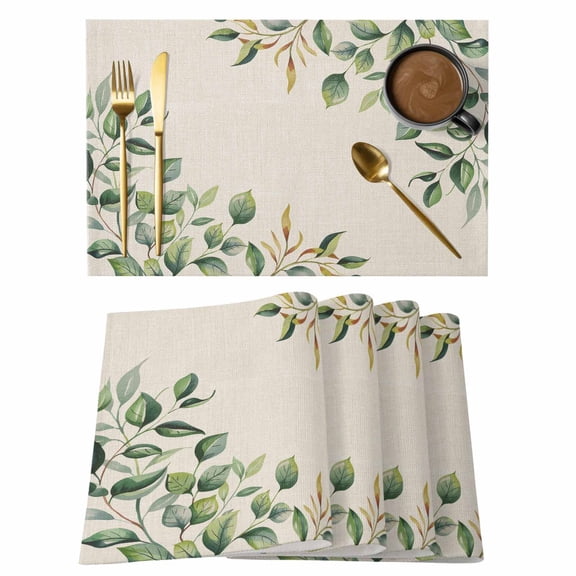 Spring Leaf Placemats Set of 8, Summer Floral Countryside Linen Non-Slip Place Mats Washable Table Mats for Kitchen Dining Table Decorations Indoor/Outdoor