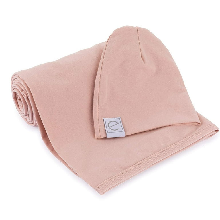 Cotton Knit Jersey Swaddle Blanket and Beanie Gift Set Large Receiving Blanket Pink